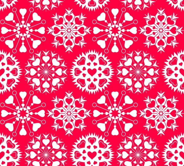 Christmas seamless pattern of heart view snowflakes. New Year, Valentine day, birthday texture. Unusual ornament. Red, white colored background. Vector — Stock vektor