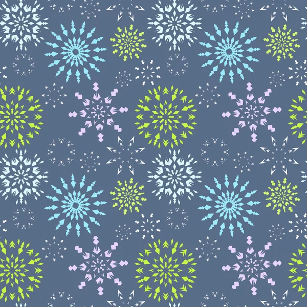 Patrón sin costuras de Navidad. Signos de copo de nieve de color claro sobre fondo azul suave. Tema invierno textura retro. Nieve al anochecer, crepúsculo. Ilustración vectorial . — Vector de stock