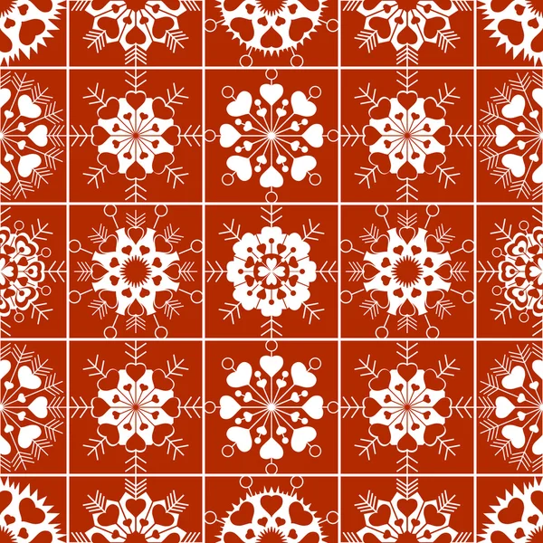 Patrón sin costuras de Navidad de copos de nieve con vista al corazón. Año Nuevo, San Valentín, textura de cumpleaños. Adorno inusual. Fondo rojo anaranjado, blanco. Vector — Archivo Imágenes Vectoriales