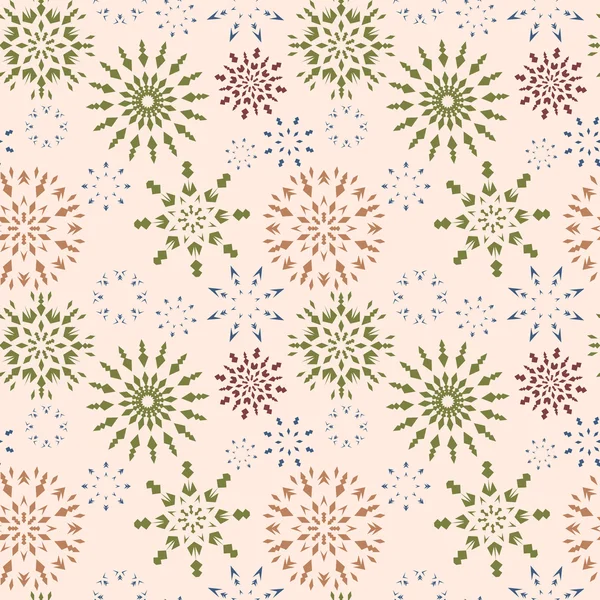 Christmas seamless pattern. Brown and green snowflake signs on light background. Winter theme retro texture. Vector illustration. — Διανυσματικό Αρχείο