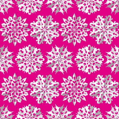 Dikişsiz Noel desen. Origami kağıt gölge ile üç boyutlu kar taneleri kesip. Beyaz, pembe, pembe arka plan üzerinde imzalar. Kış, yeni yıl doku. Vektör