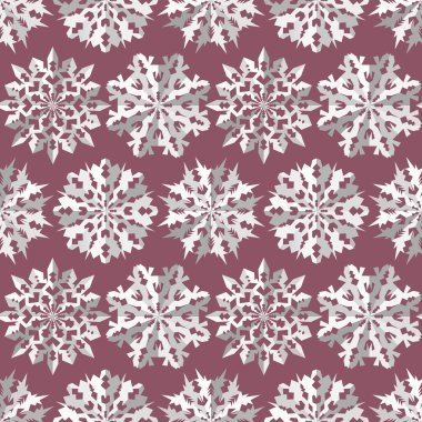 Seamless christmas pattern. Origami paper cut out three-dimensional snowflakes with shadow. White signs on rose pastel background. Winter, New Year texture. Vector
