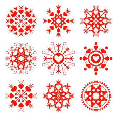 Ssnowflake, heart view icon set. Christmas, Valentine day, birthday symbol. Stars, flakes with hearts. Red silhouettes on white background. Vector isolated