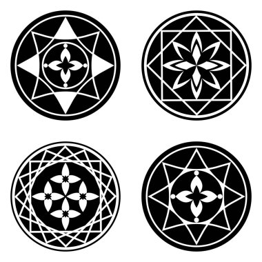 Floral ornament tattoo set. Mandala elements. Flower, star, aster signs in rectangles and circles. Round black stylized ornaments. Harmony, defense, luck, infinity symbol. Vector