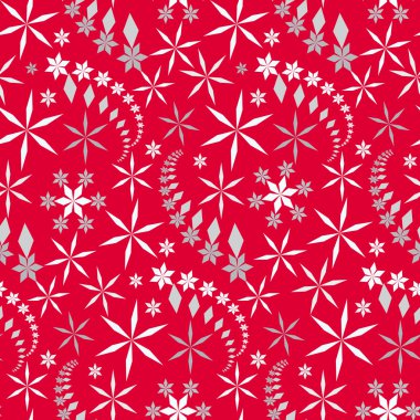 Seamless christmas pattern. Snowflakes, crystals on red, pink background. Light gray star silhouettes. Winter theme texture. Vector illustration.