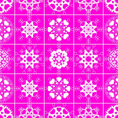 Kalp görünümü kar taneleri seamless modeli. Kış, yılbaşı, Sevgililer günü, doğum günü doku. Stilize alışılmadık beyaz süsleme pembe arka plan üzerinde. Vektör