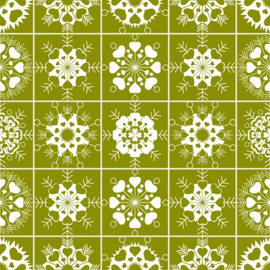 Seamless pattern of heart view snowflakes. Winter, Christmas, Valentine day, birthday texture. Stylized unusual white ornament on light green background. Vector