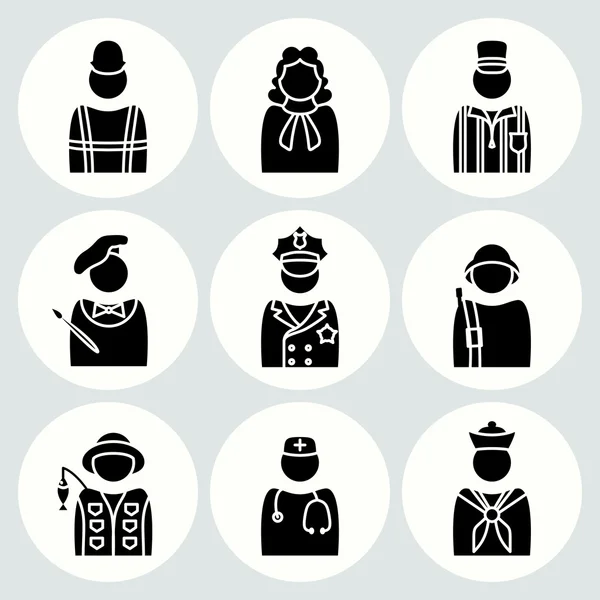 People profession icon set. Judge, painter, referee, doctor, cook, seaman, soldier, sailor, fisherman, builder, worker, policeman. Business symbols. Black avatar silhouette on white buttons. Vector