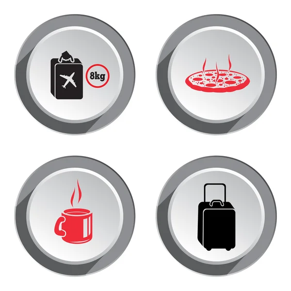 Airport baggage icon set. Hand luggage for traveling. Info symbol. Red icons on white-gray button with shadow. Vector isolated — Stock Vector
