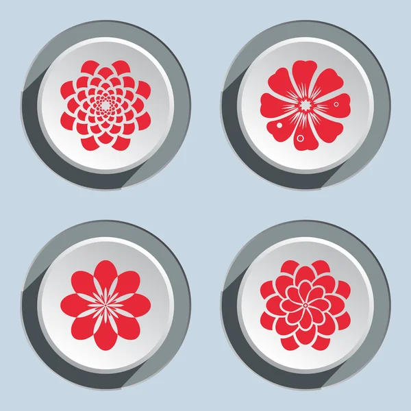 Flower circle icons set. Dahlia, aster, daisy, chamomile, gowan. Floral symbol. Round red flat signs on white-gray button. Autumn theme. Vector — 스톡 벡터