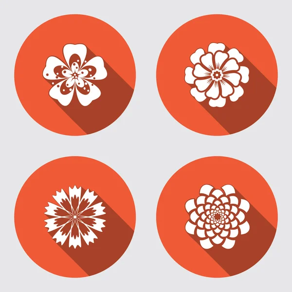 Conjunto de iconos de flores. Manzanilla, margarita, crisantemo, aciano. Símbolo floral. Icono plano redondo naranja con sombra larga. Vector — Archivo Imágenes Vectoriales