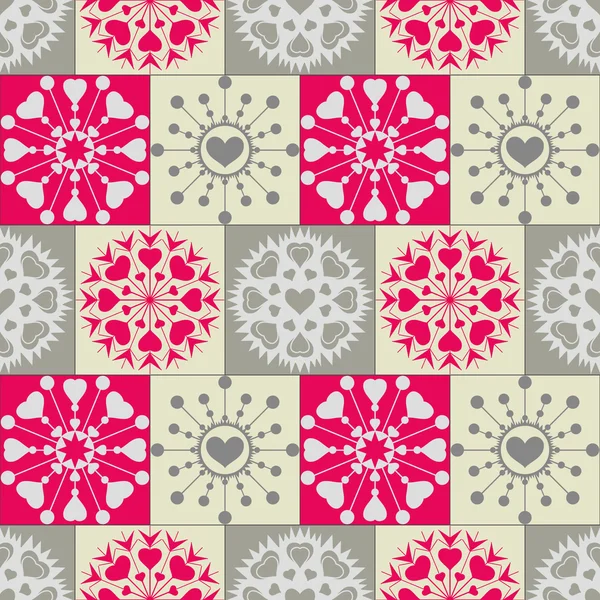 Christmas seamless pattern of heart snowflakes. New Year, Valentine day, birthday texture. Unusual stylized ornament. Gray, pink, silver  colored background. Winter, sweets, ice cream, berry praline