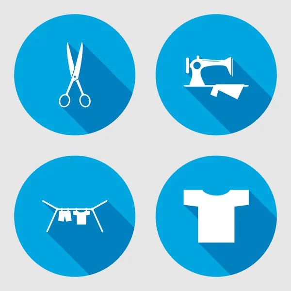 Household sign set. Sewing machine, hanger, scissors, clothes, T-shirt. Electric appliance for house, hotel service. Round circle flat icon with long shadow. Vector — 스톡 벡터