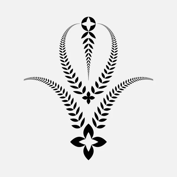 Laurel wreath tattoo. Decorative bowl, goblet icon with croses. Ornament sign of five branches. Victory, peace, glory, summit symbol. Black silhouette on white background. Vector isolated — 스톡 벡터