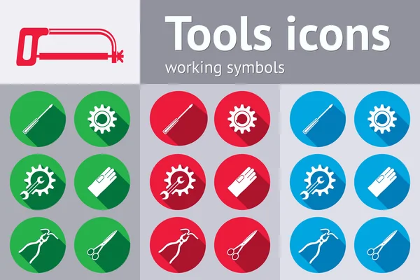 Strumenti icone impostate. Sega, pinza, pinza, chiave inglese, ruota dentata, martello, guanti di gomma, vite bullone, dado. Riparazione, fissare i simboli. Segni rotondi blu, rossi, verdi con lunga ombra. Vettore — Vettoriale Stock