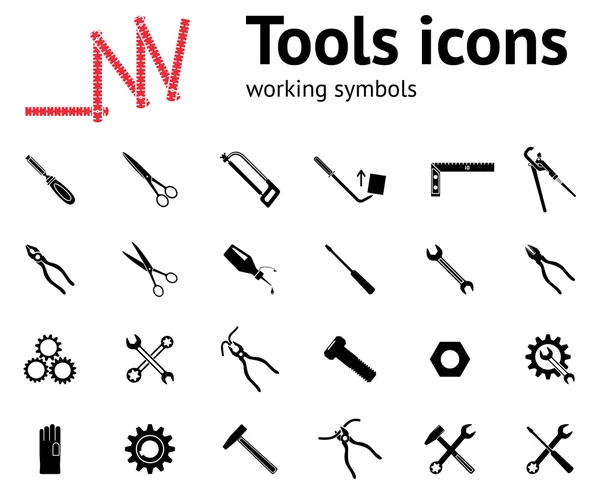 Tools icons set. Glue, pliers, tongs, wrench key, cogwheel, hammer, rubber gloves, screw bolt, nut, scissors, chisel, saw, pinchbar, angle. Repair fix tool symbols. Vector — Stock Vector