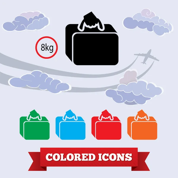 Trasporti aeroporto icona del bagaglio. Bagaglio a mano per viaggiare. Icone colorate su sfondo con aereo e nuvole. Vettore isolato — Vettoriale Stock