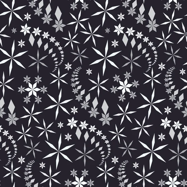 Patrón de Navidad sin costuras. Estrellas de copo de nieve blancas y grises cristalinas, siluetas giradas sobre fondo negro. nevadas, tormenta de nieve, invierno, Año Nuevo textura tema de vacaciones. Ilustración vectorial . — Vector de stock