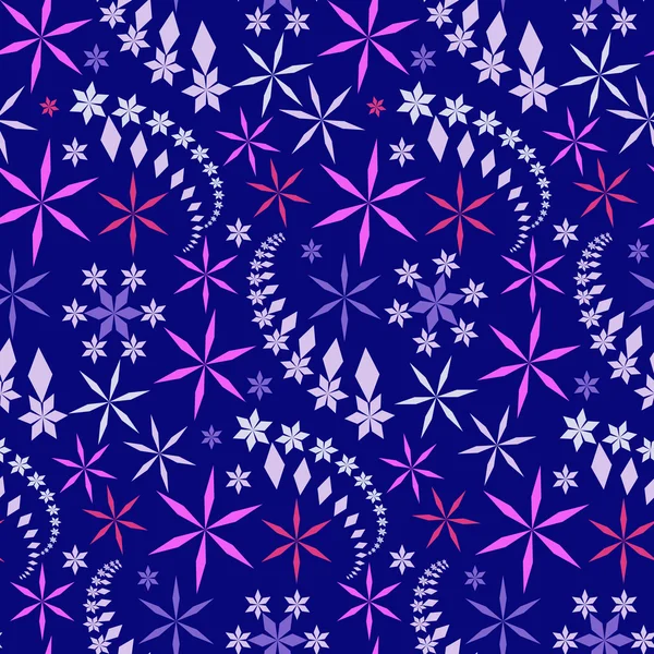 Motivo di Natale senza soluzione di continuità. Fiocchi di neve, cristalli su sfondo blu scuro. Silhouette a stella colorate. Inverno, vacanza, vendita, gelato, dolciumi involucro texture. Vettore — Vettoriale Stock