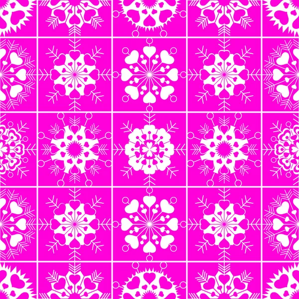 Patrón sin costuras de copos de nieve con vista al corazón. Invierno, Navidad, San Valentín, textura de cumpleaños. Adorno blanco inusual estilizado sobre fondo magenta. Vector — Vector de stock