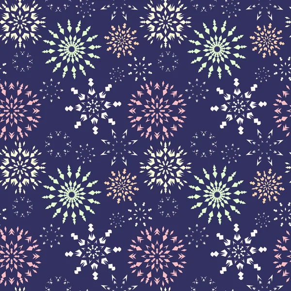 Christmas seamless pattern. Light color snowflake signs on dark blue background. Winter theme retro texture. Snow in night. Vector illustration. — Διανυσματικό Αρχείο