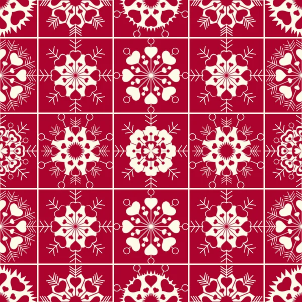 心ビュー雪片のシームレスなパターン。冬、クリスマス、バレンタインデー、誕生日テクスチャ。濃い赤、ほのかに様式化された珍しい白い飾り。ベクトル — ストックベクタ