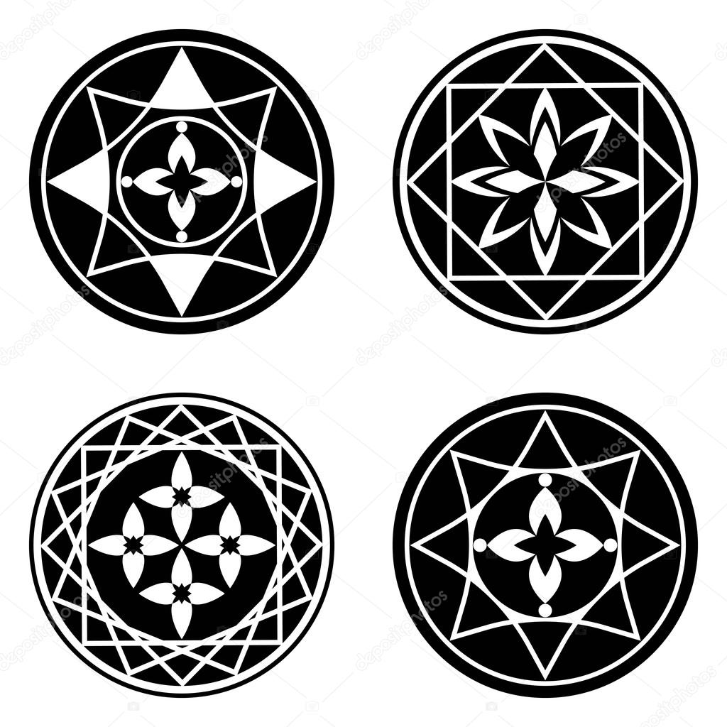 Floral ornament tattoo set. Mandala elements. Flower, star, aster signs in rectangles and circles. Round black stylized ornaments. Harmony, defense, luck, infinity symbol. Vector