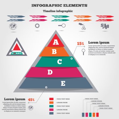 Infographics elements. Pyramid chart, timeline diagram and icons. Modern colored flat banner with five options. Vector illustration.