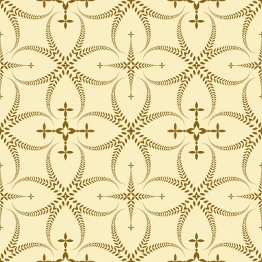 Seamless laurel wreath pattern. Curled, swirl stylized ornament with cross. Lace view texture. Ceremonial, remembrance, winter theme. Gold figure on light yellow background. Vector