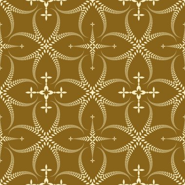 Seamless laurel wreath pattern. Curled, swirl stylized ornament with cross. Lace view texture. Ceremonial, remembrance, honouring theme. Light figure on gold background. Dark red colored. Vector