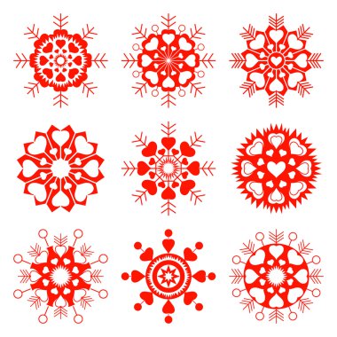 Ssnowflake, heart view icon set. Christmas, Valentine day, birthday symbol. Stars, flakes with hearts. Red silhouettes on white background. Vector isolated
