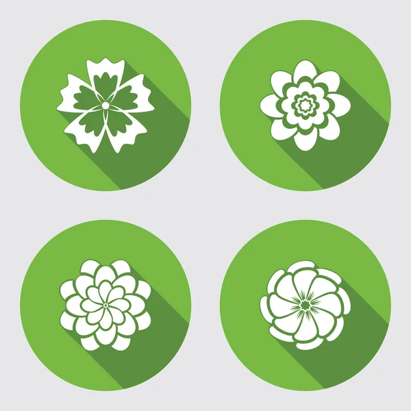 Flower icons set. Chamomile, daisy, chrysanthemum, cornflower. Floral symbol. Round green flat icon with long shadow. Vector — Stock Vector