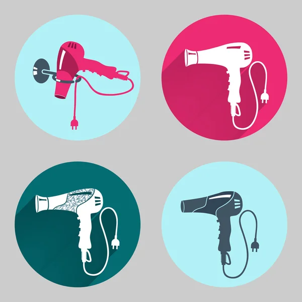 Hair-drier set. Professional blow hairdryer with two-pin plug. Modern colored sign on dark grey. Round circles symbols. Vector — Stok Vektör