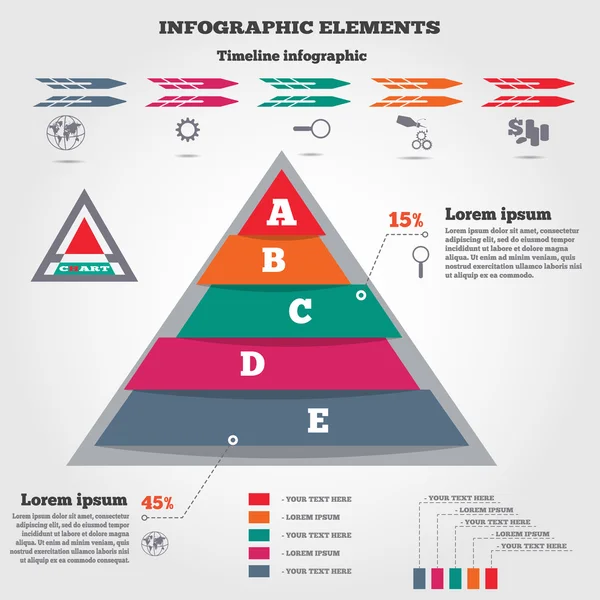 Infographics elements. Pyramid chart, timeline diagram and icons. Modern colored flat banner with five options. Vector illustration. — Stock Vector