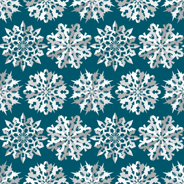 Patrón de Navidad sin costuras. Origami, papel blanco copos de nieve siluetas sobre fondo azul, aqua. Papel recortado signo convexo con sombra. Textura tema invierno. Ilustración vectorial . — Vector de stock