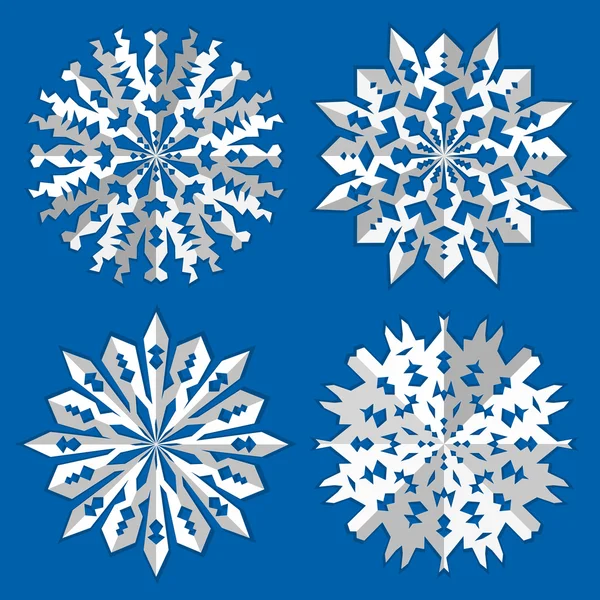 Conjunto de iconos de copo de nieve de Navidad. Papel origami recortado signo con sombra. Invierno, Año Nuevo, infancia, nostalgia, símbolo. Silueta blanca 3d sobre fondo azul. Vector aislado — Vector de stock