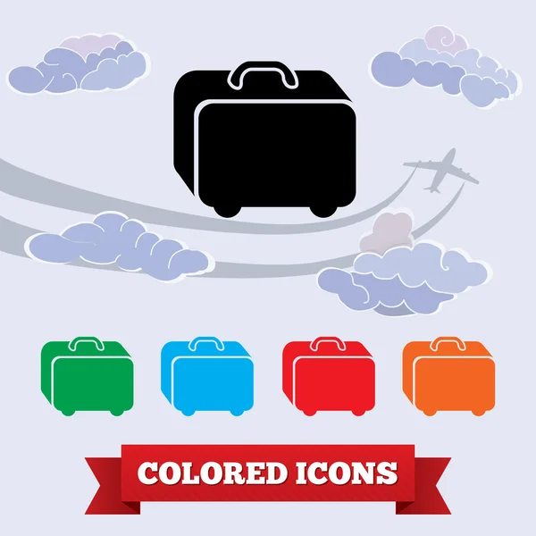 Bag icon. Traveling luggage. Airport baggage info symbol. Black, red, green, blue, yellow colored signs on light sky view background with clouds and airplane. Vector — Stok Vektör