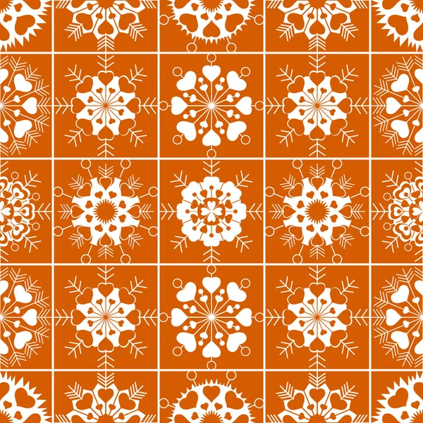 Patrón sin costuras de copos de nieve con vista al corazón. Invierno, Navidad, San Valentín, textura de cumpleaños. Adorno blanco inusual estilizado sobre fondo naranja, dorado. Vector — Vector de stock