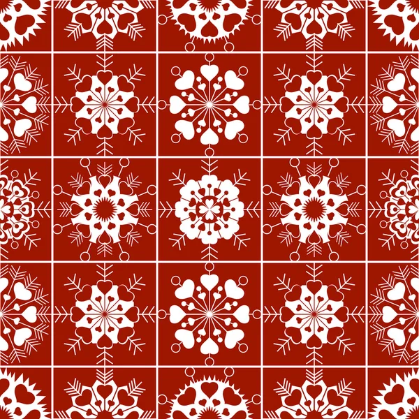 Patrón sin costuras de copos de nieve con vista al corazón. Invierno, Navidad, San Valentín, textura de cumpleaños. Adorno blanco inusual estilizado sobre fondo de terracota de color rojo oscuro, marrón rojizo. Vector — Archivo Imágenes Vectoriales