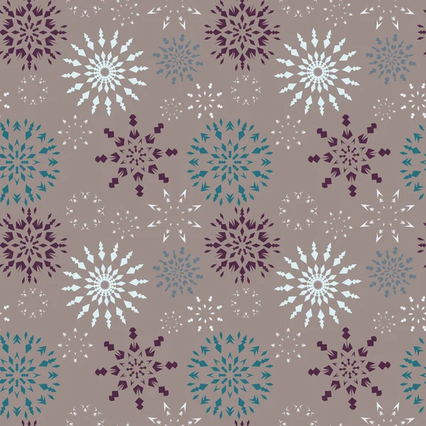 Christmas seamless pattern. Dark and light snowflake signs on gray background. Winter theme retro texture. Grey, purple, vinous, white, blue colored. Vector illustration. — Διανυσματικό Αρχείο