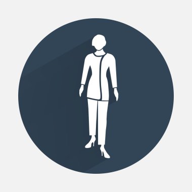 Businesswoman icon. Office worker symbol. Standing elegant women in trousers suit. Round dark gray circle flat icon with long shadow. Vector isolated