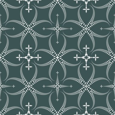 Seamless laurel wreath pattern. Curled, swirl stylized ornament with cross. Lace view texture. Ceremonial, religious background. White, dark green colored. Vector