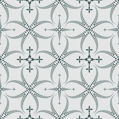 Seamless laurel wreath pattern. Curled, swirl stylized ornament with cross. Lace view texture. Ceremonial, religious background. White, dark green colored. Vector