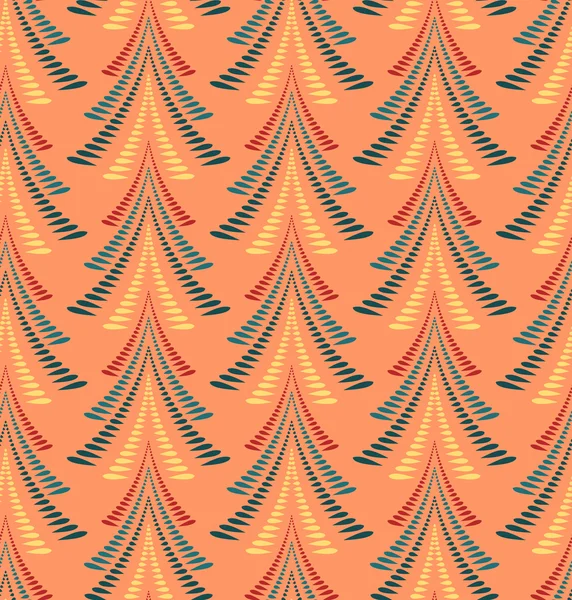 Seamless Christmas pattern. Stylized ornament of trees, firs on dark blue background. Winter, New Year, texture. Orange, gray, yellow, red colors. Vector — Stockový vektor