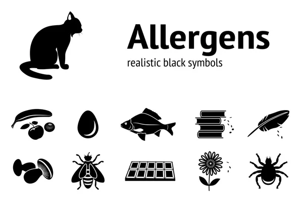 Allergen set. Fish, cat, insect, chocolate, mushroom, dust, bee, apple, banana, mandarin, hackle, edd icons. Food and common allergen black symbols. Vector isolated — Stok Vektör