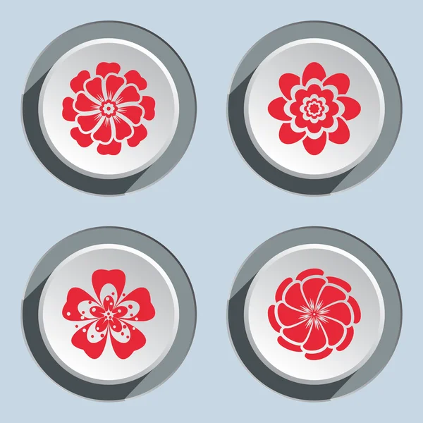 Flower circle icons set. Dahlia, aster, daisy, chamomile, gowan. Autumn floral symbol. Round red flat signs on white-gray button. Vector