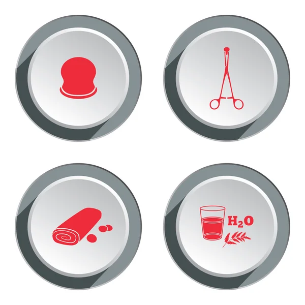 Health, medicine, ambulance icon set. Medical instruments and drug symbol. Round button with shadow. Vector