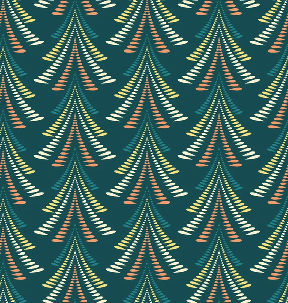 Patrón de Navidad sin costuras. Firs, árboles sobre fondo azul oscuro. Torcer adorno estilizado de hojas de laurel. Invierno, Año Nuevo, textura de la naturaleza. Vector — Archivo Imágenes Vectoriales