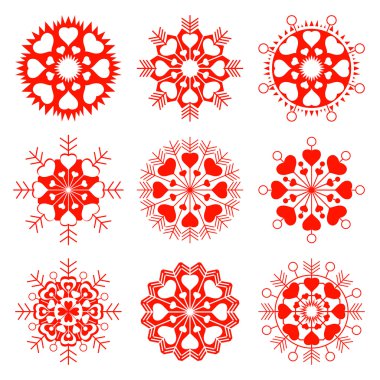 Ssnowflake, heart view icon set. Christmas, Valentine day, birthday symbol. Stars, flakes with hearts. Red silhouettes on white background. Vector isolated