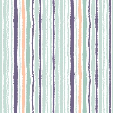 Seamless strip pattern. Vertical lines with torn paper effect. Shred edge background. Light and dark gray, olive, turquoise colors on white. Vector
